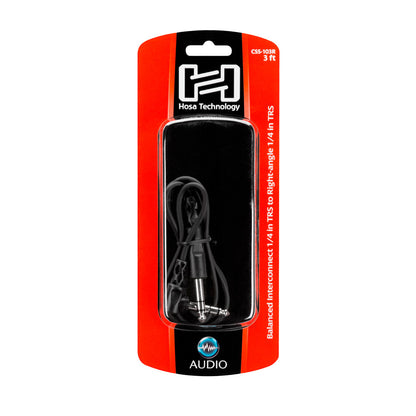 HOSA CSS-103R Balanced Interconnect, 1/4 in TRS to Right-angle 1/4 in TRS, 3 ft