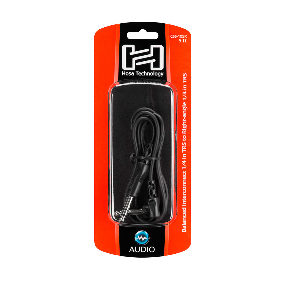 HOSA CSS-105R Balanced Interconnect, 1/4 in TRS to Right-angle 1/4 in TRS, 5 ft