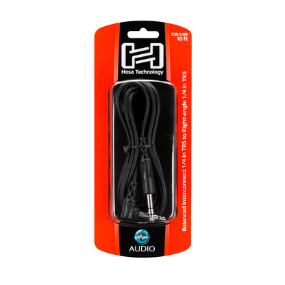 HOSA CSS-110R Balanced Interconnect, 1/4 in TRS to Right-angle 1/4 in TRS, 10 ft